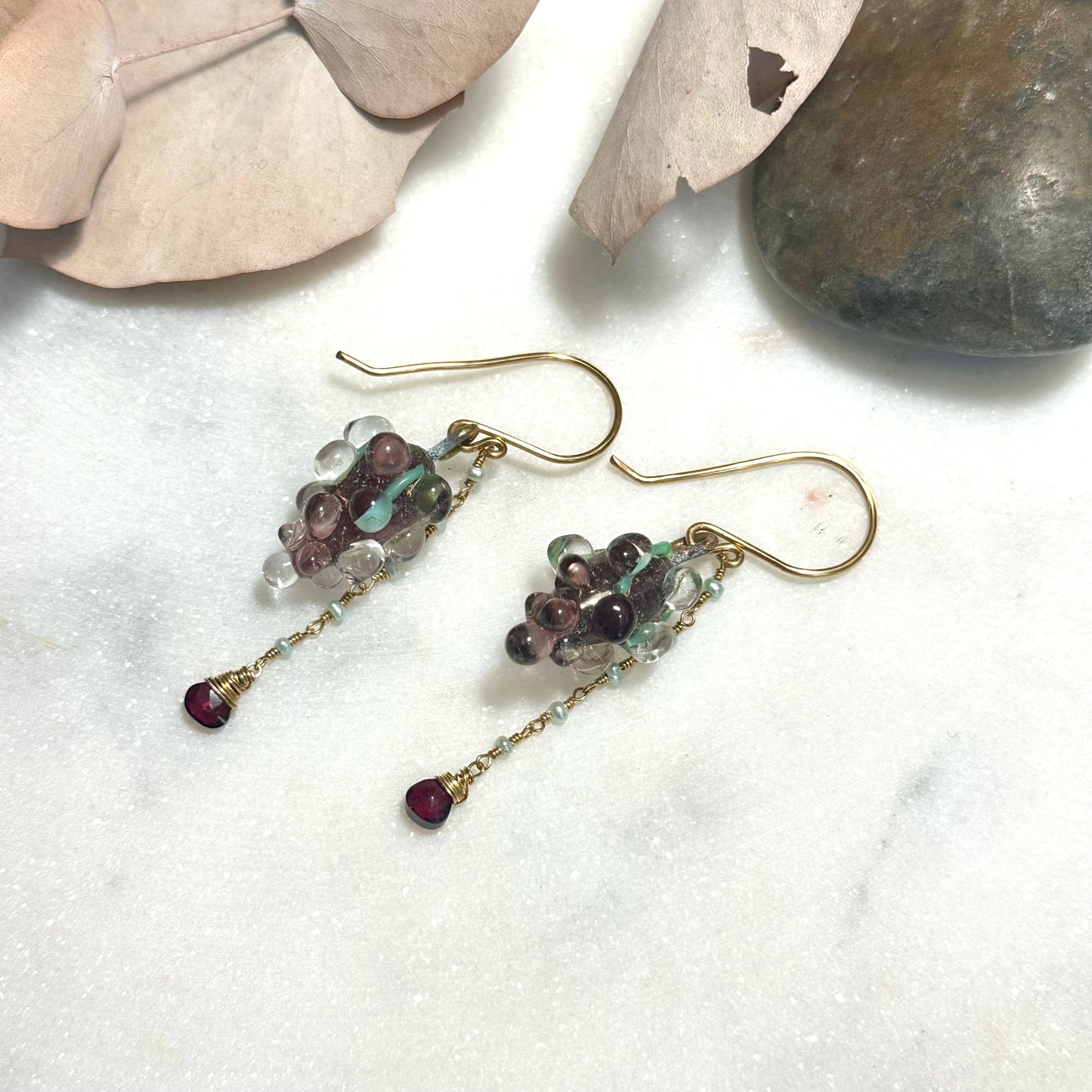 Glass Grape Earrings with Brass, Garnet, and Freshwater Pearls