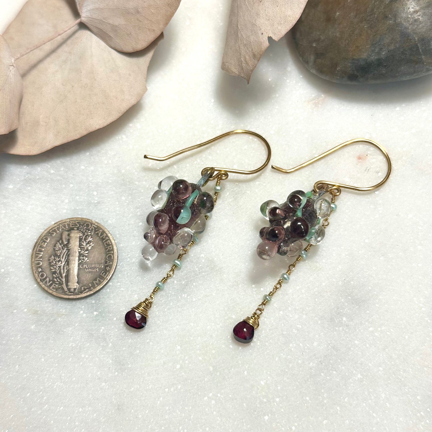 Glass Grape Earrings with Brass, Garnet, and Freshwater Pearls