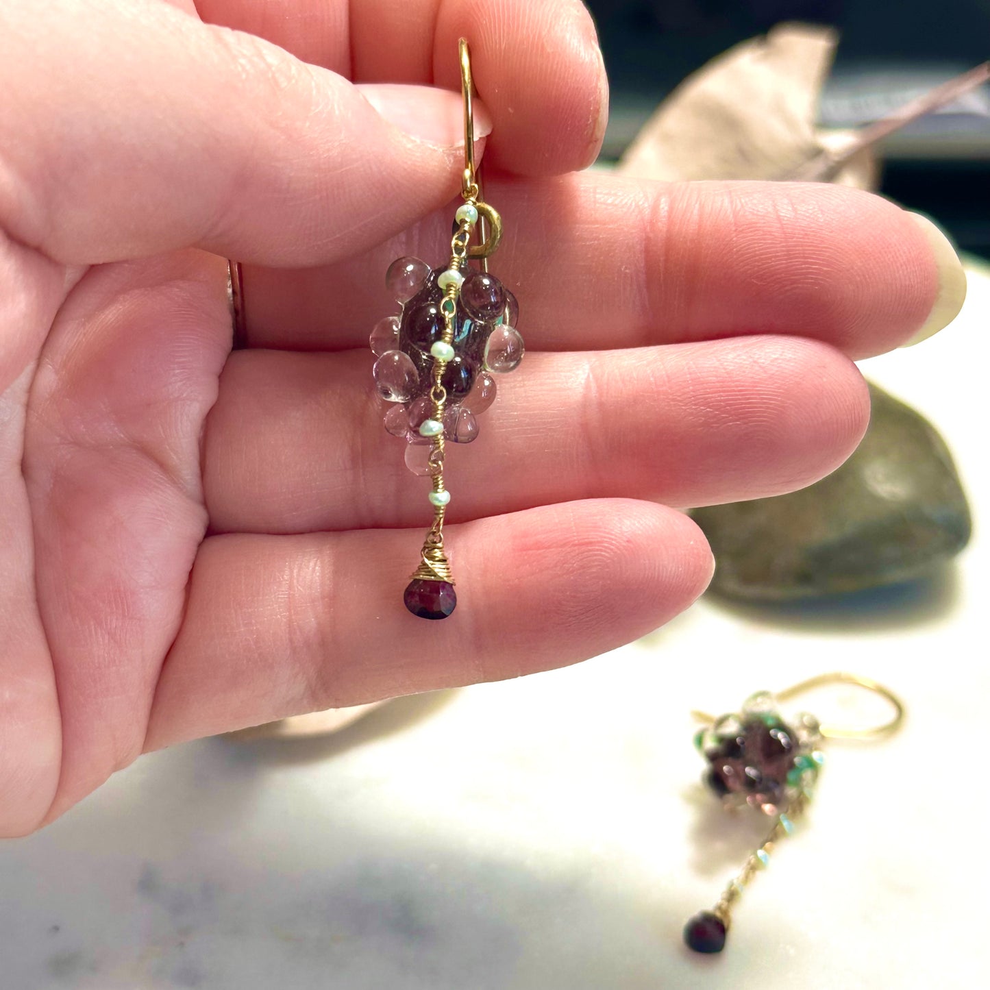 Glass Grape Earrings with Brass, Garnet, and Freshwater Pearls