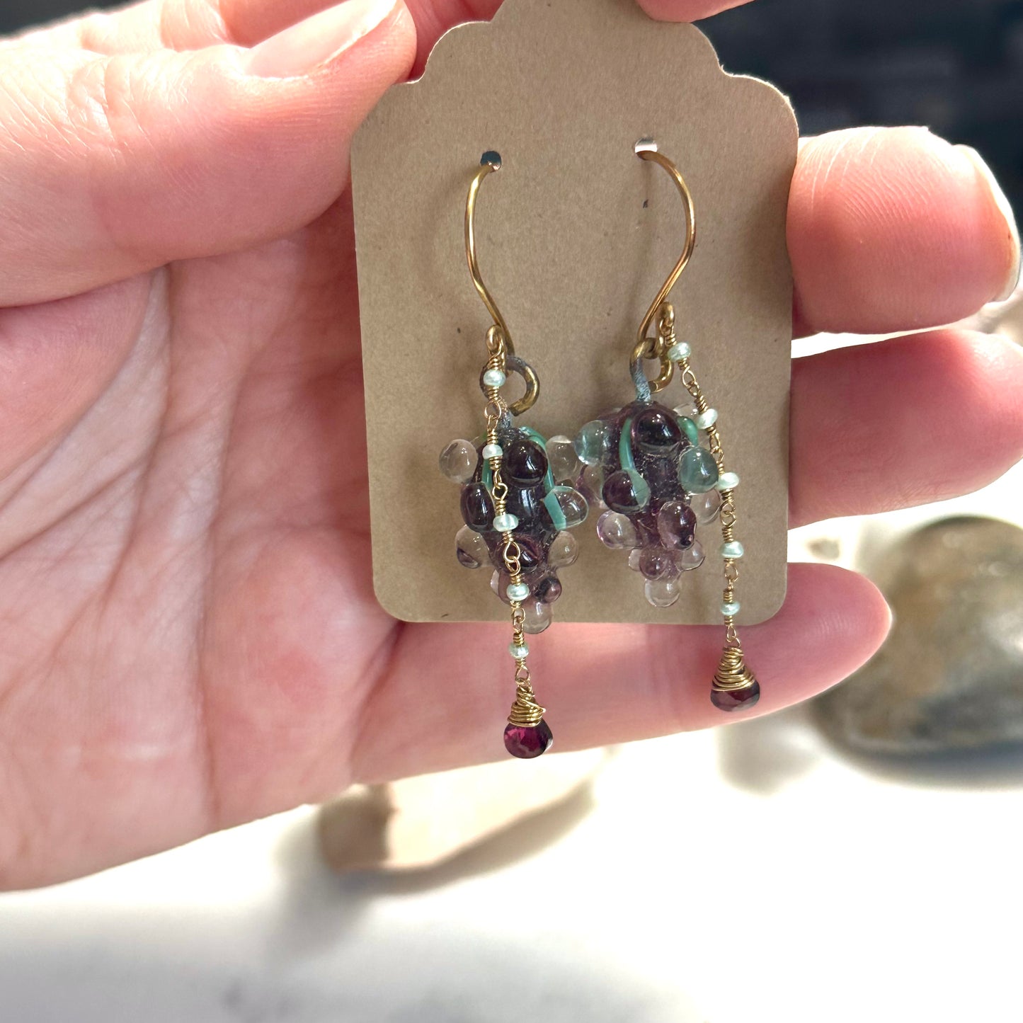 Glass Grape Earrings with Brass, Garnet, and Freshwater Pearls