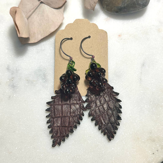 Glass Grapes and Artisan Leather Feather Earrings with Sterling Silver