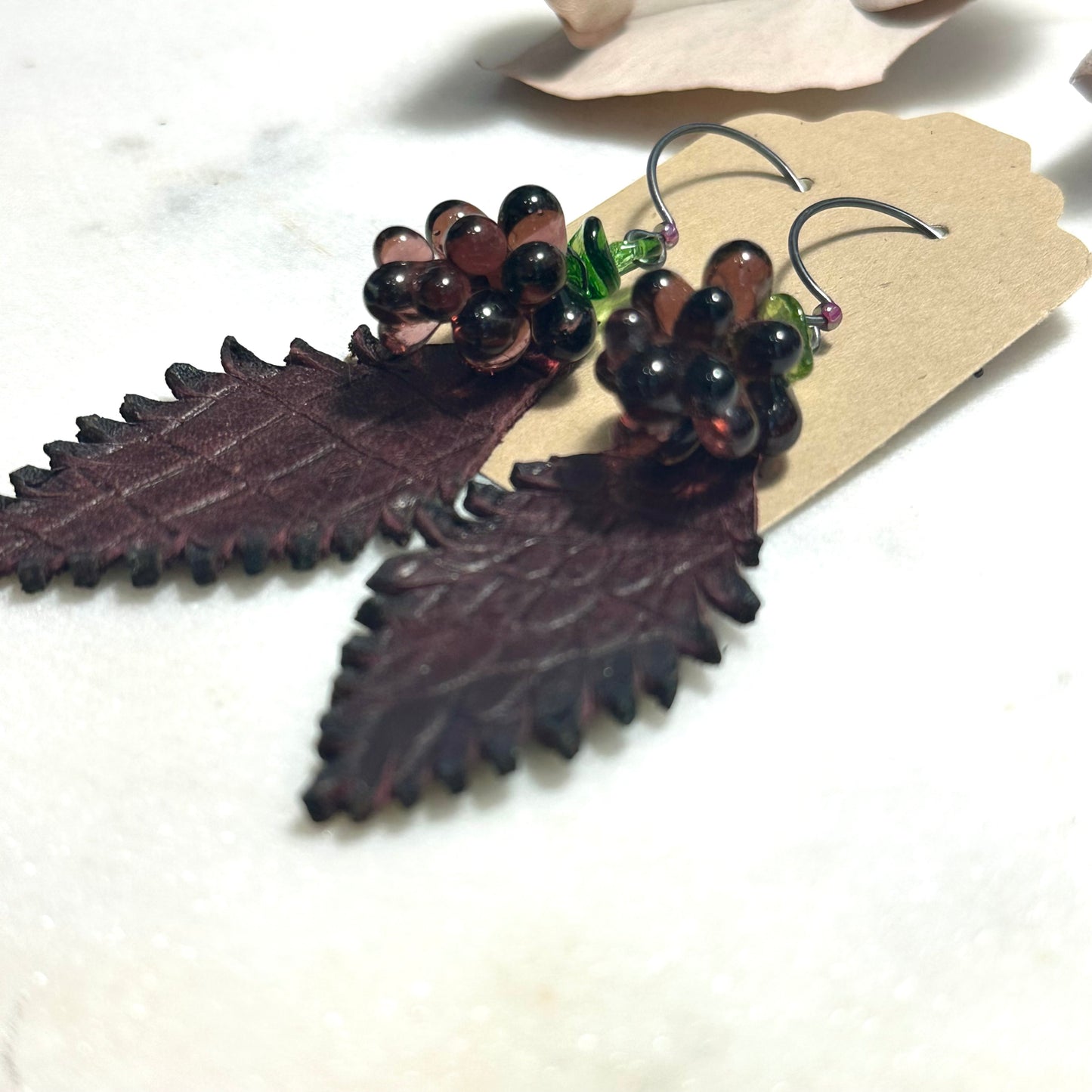 Glass Grapes and Artisan Leather Feather Earrings with Sterling Silver