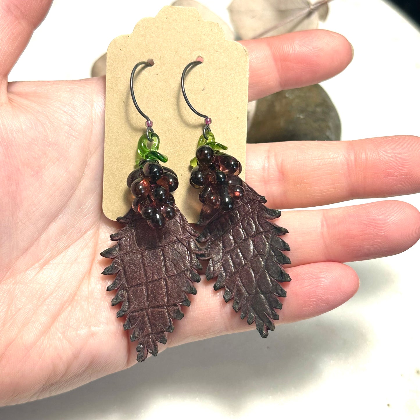 Glass Grapes and Artisan Leather Feather Earrings with Sterling Silver