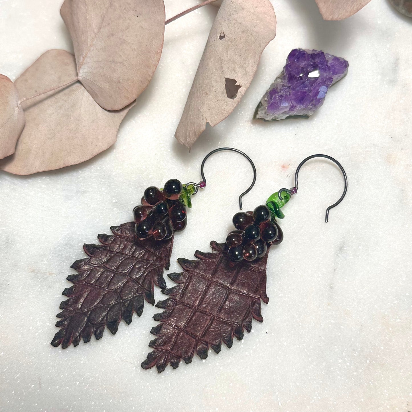 Glass Grapes and Artisan Leather Feather Earrings with Sterling Silver