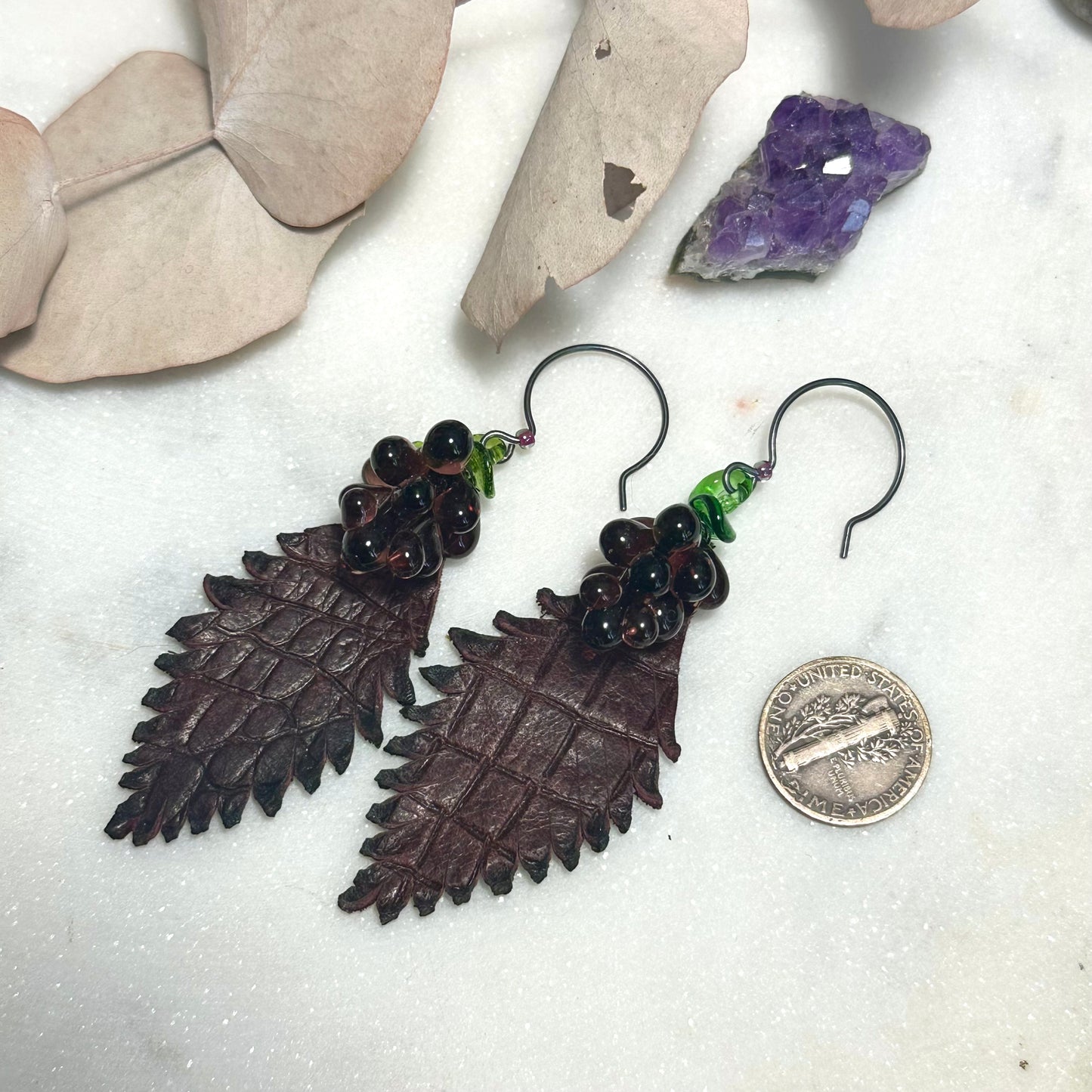 Glass Grapes and Artisan Leather Feather Earrings with Sterling Silver