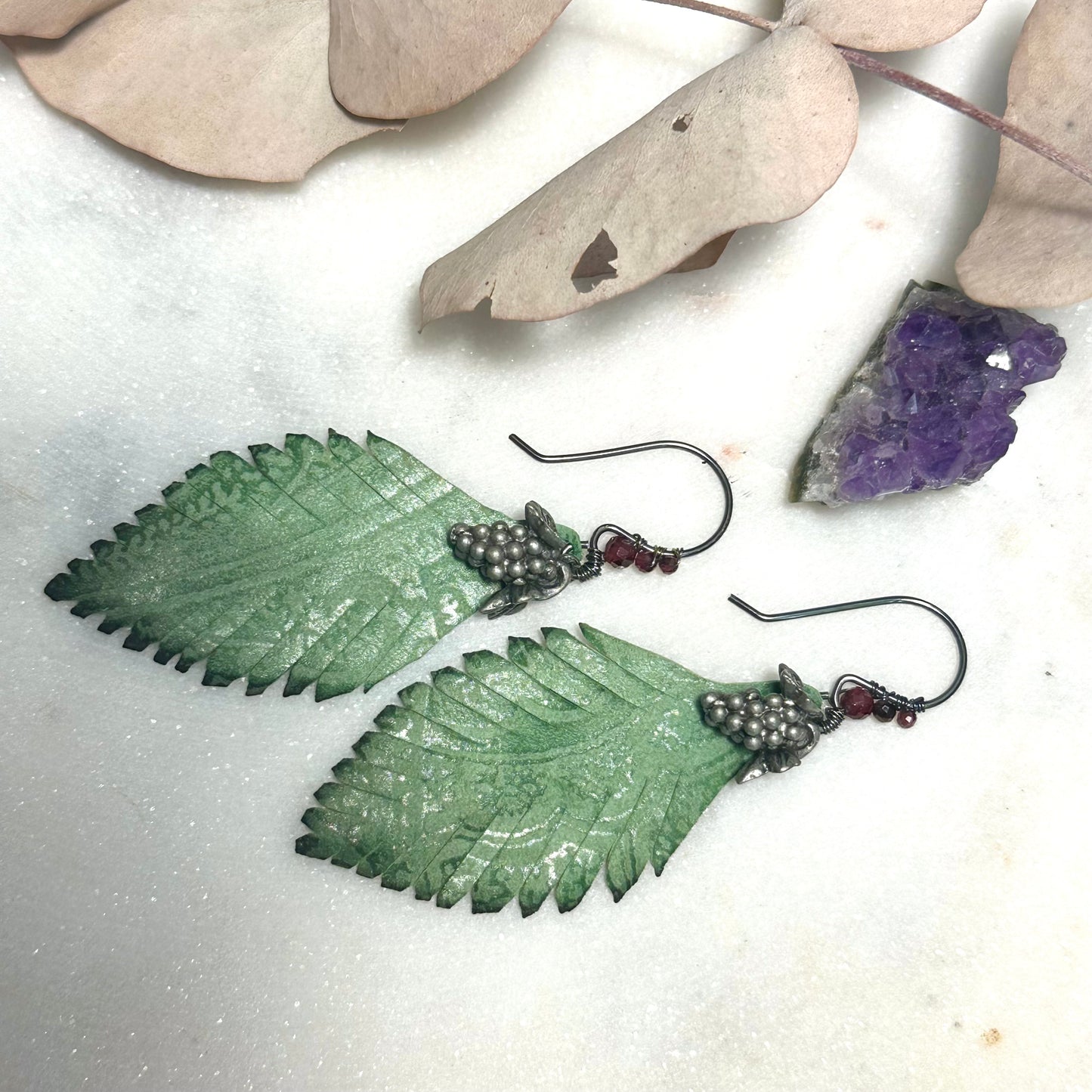 Leather feather, pewter grapes, and garnet Earrings with Sterling Silver