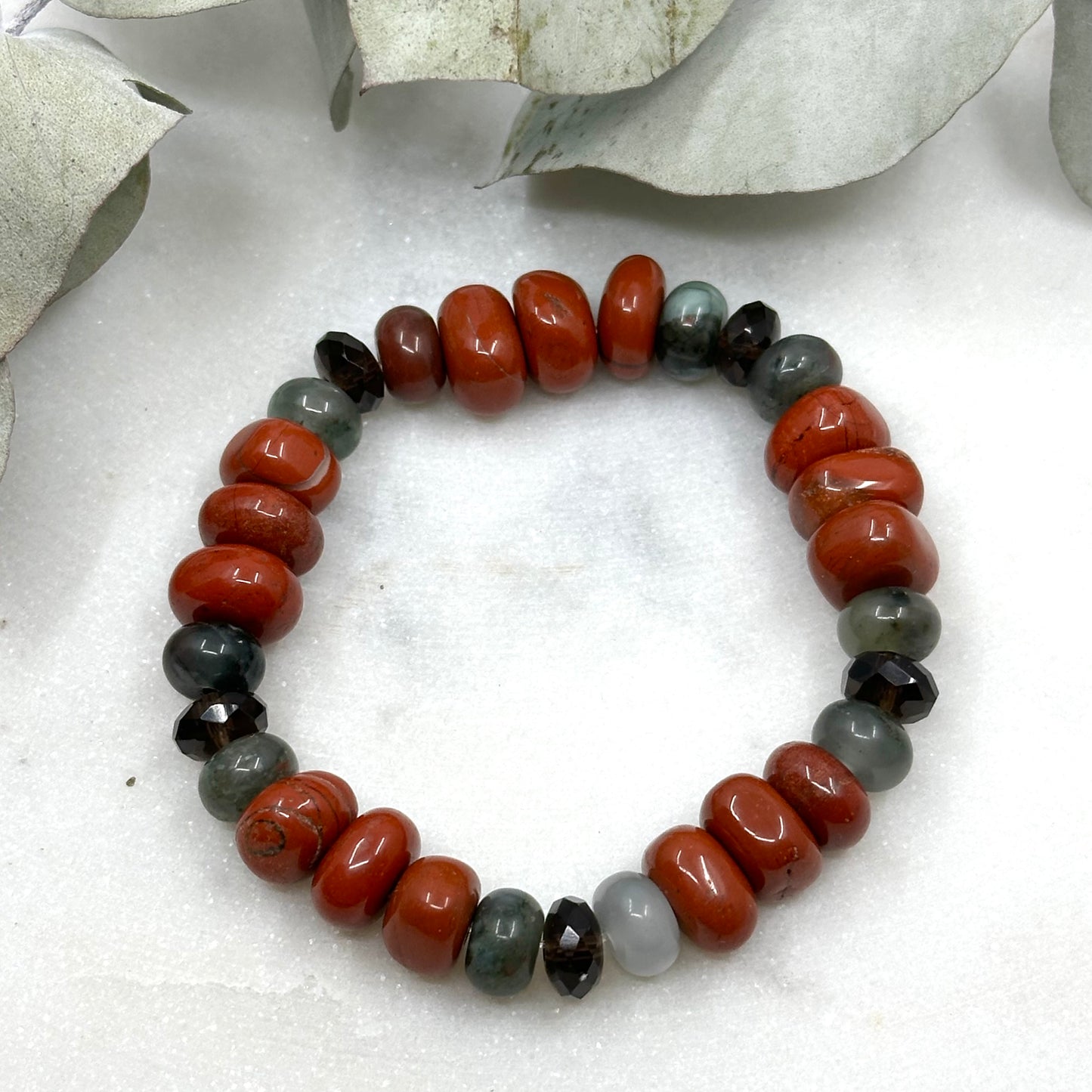 Red Jasper, African Bloodstone, and Smoky Quartz Stretch Bracelet - Root Chakra