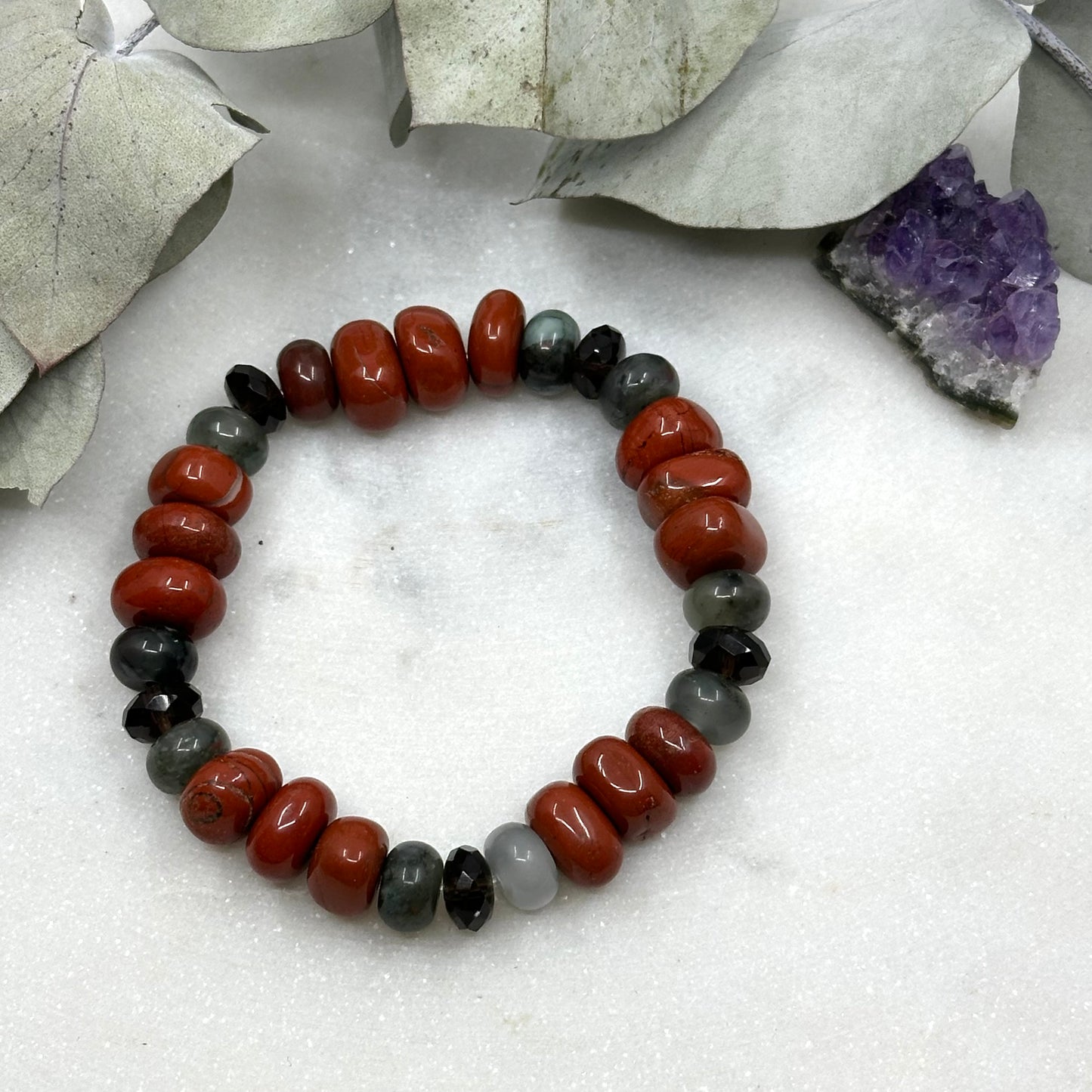 Red Jasper, African Bloodstone, and Smoky Quartz Stretch Bracelet - Root Chakra