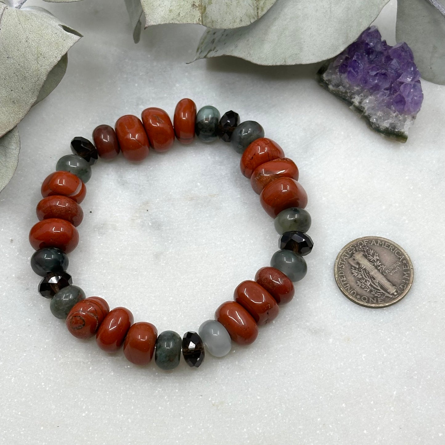 Red Jasper, African Bloodstone, and Smoky Quartz Stretch Bracelet - Root Chakra