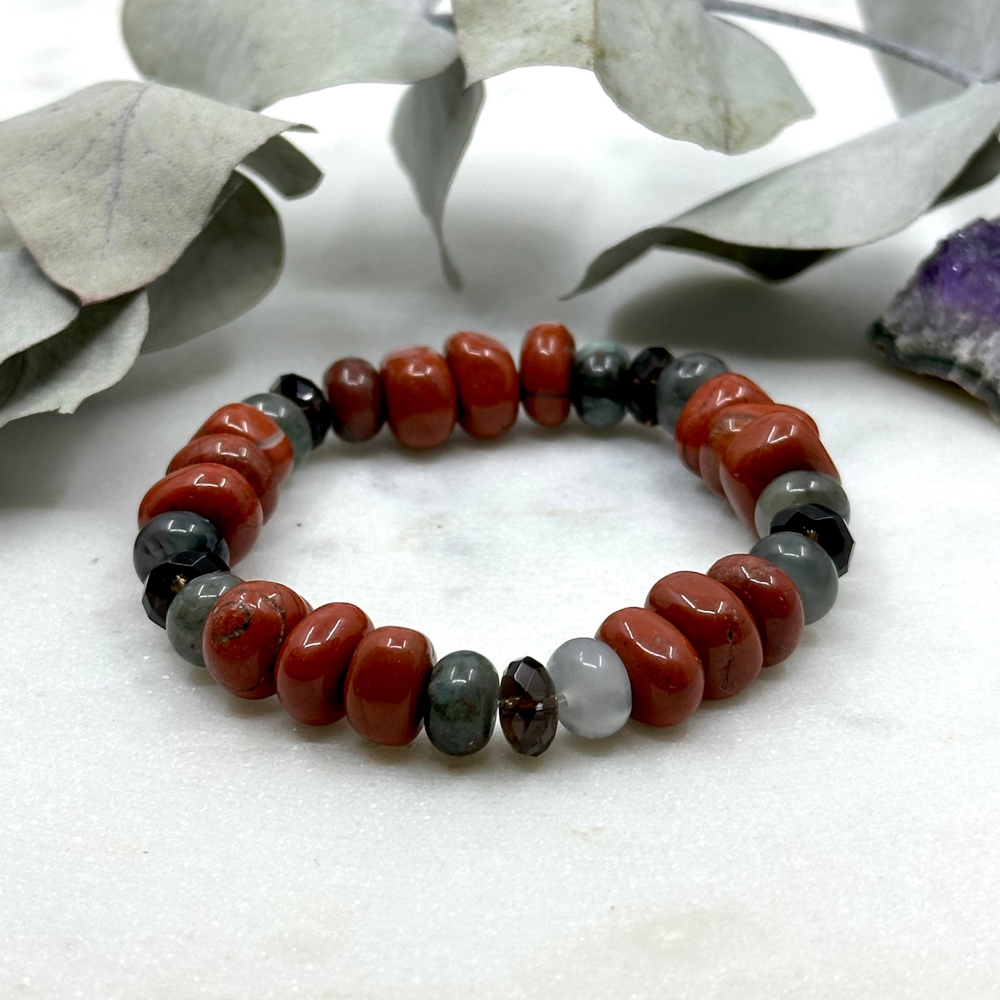 Red Jasper, African Bloodstone, and Smoky Quartz Stretch Bracelet - Root Chakra