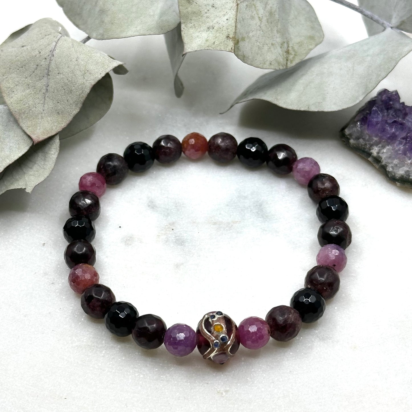 Ruby, Artisan Glass, Garnet, and Onyx Stretch Bracelet - Root Chakra