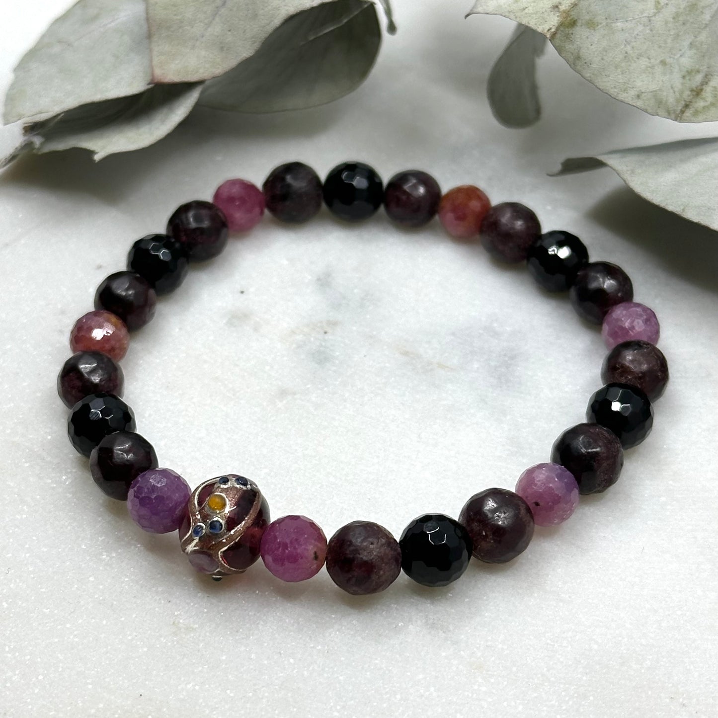 Ruby, Artisan Glass, Garnet, and Onyx Stretch Bracelet - Root Chakra