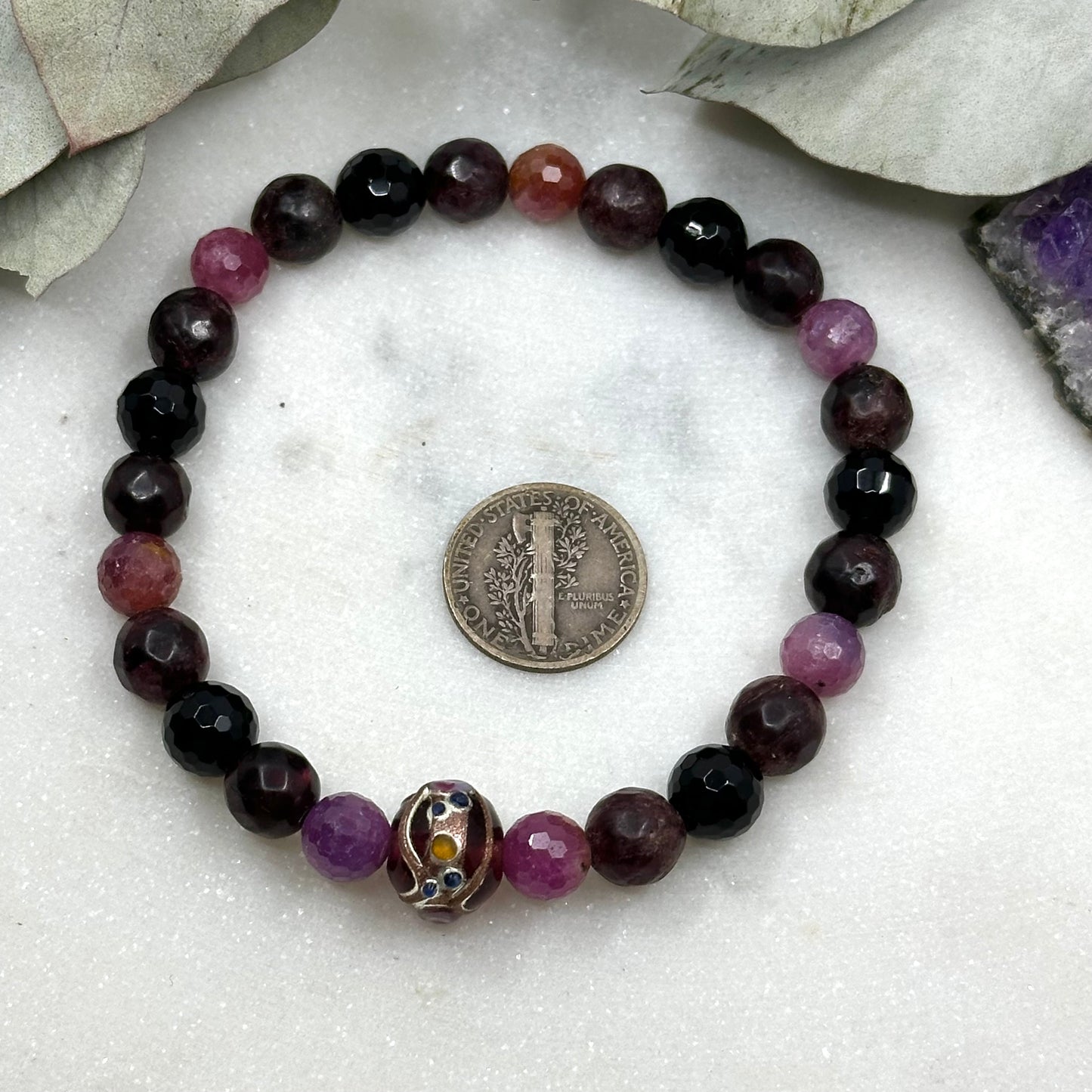 Ruby, Artisan Glass, Garnet, and Onyx Stretch Bracelet - Root Chakra