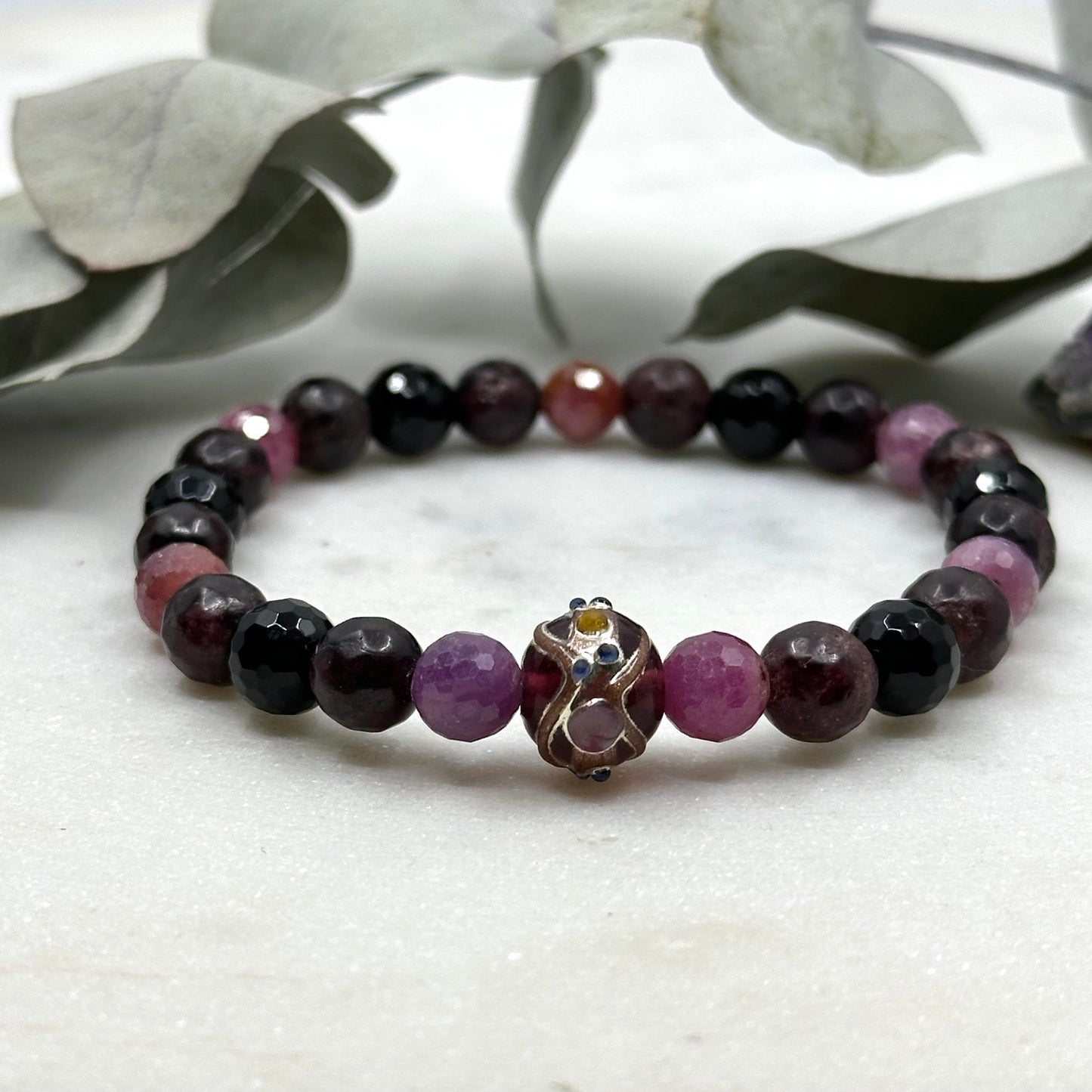 Ruby, Artisan Glass, Garnet, and Onyx Stretch Bracelet - Root Chakra