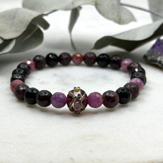 Ruby, Artisan Glass, Garnet, and Onyx Stretch Bracelet - Root Chakra