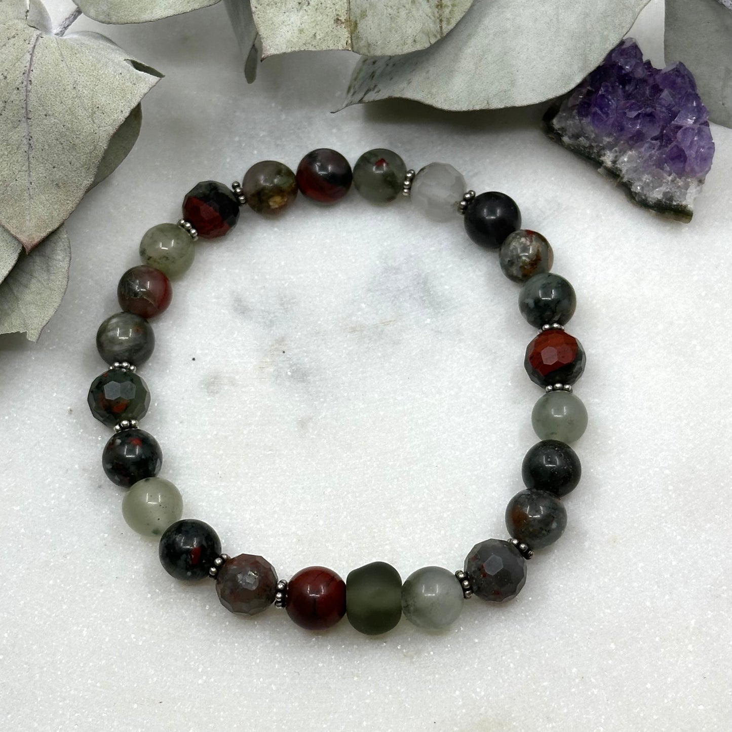 African Bloodstone and Sterling Silver Stretch Bracelet - Root Chakra