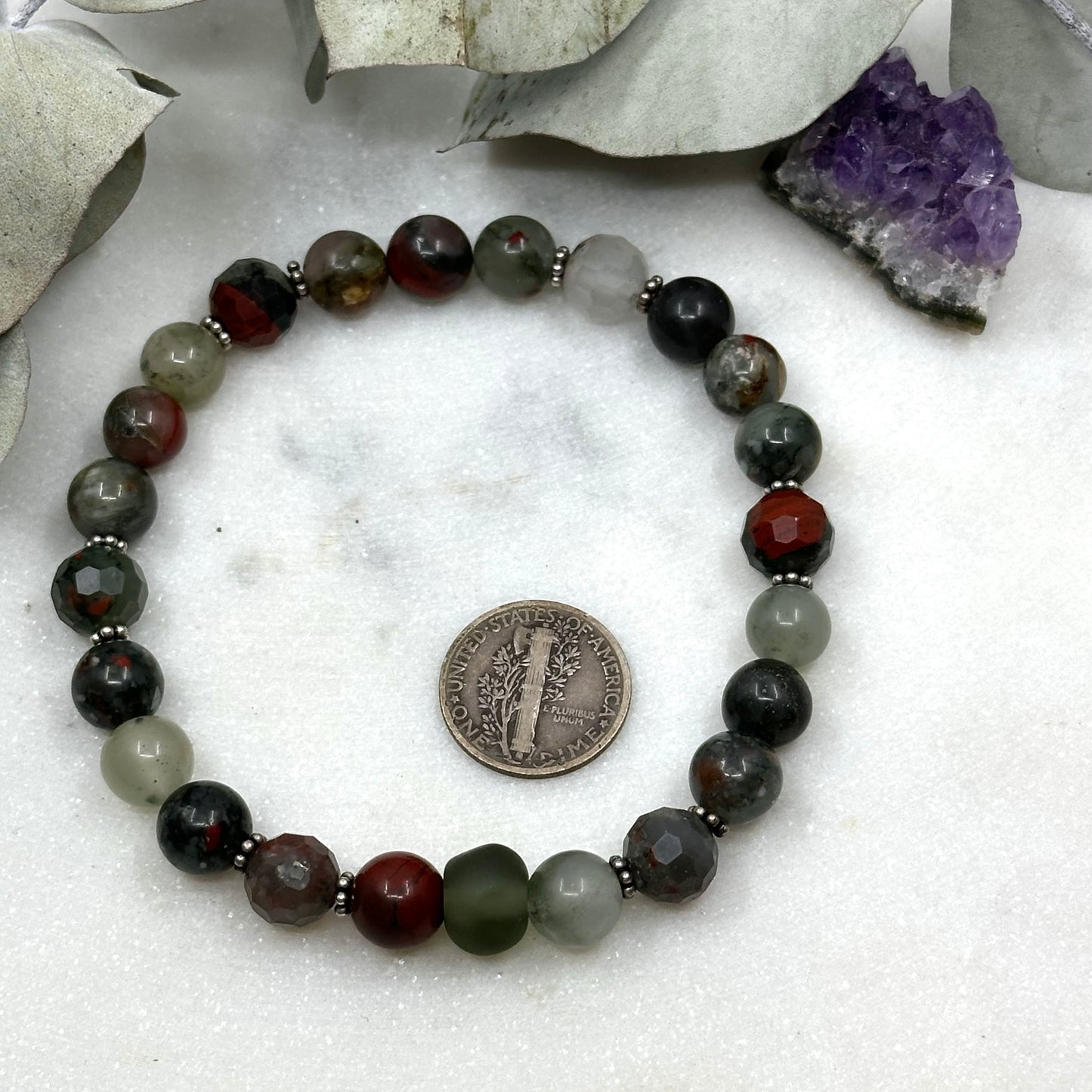 African Bloodstone and Sterling Silver Stretch Bracelet - Root Chakra