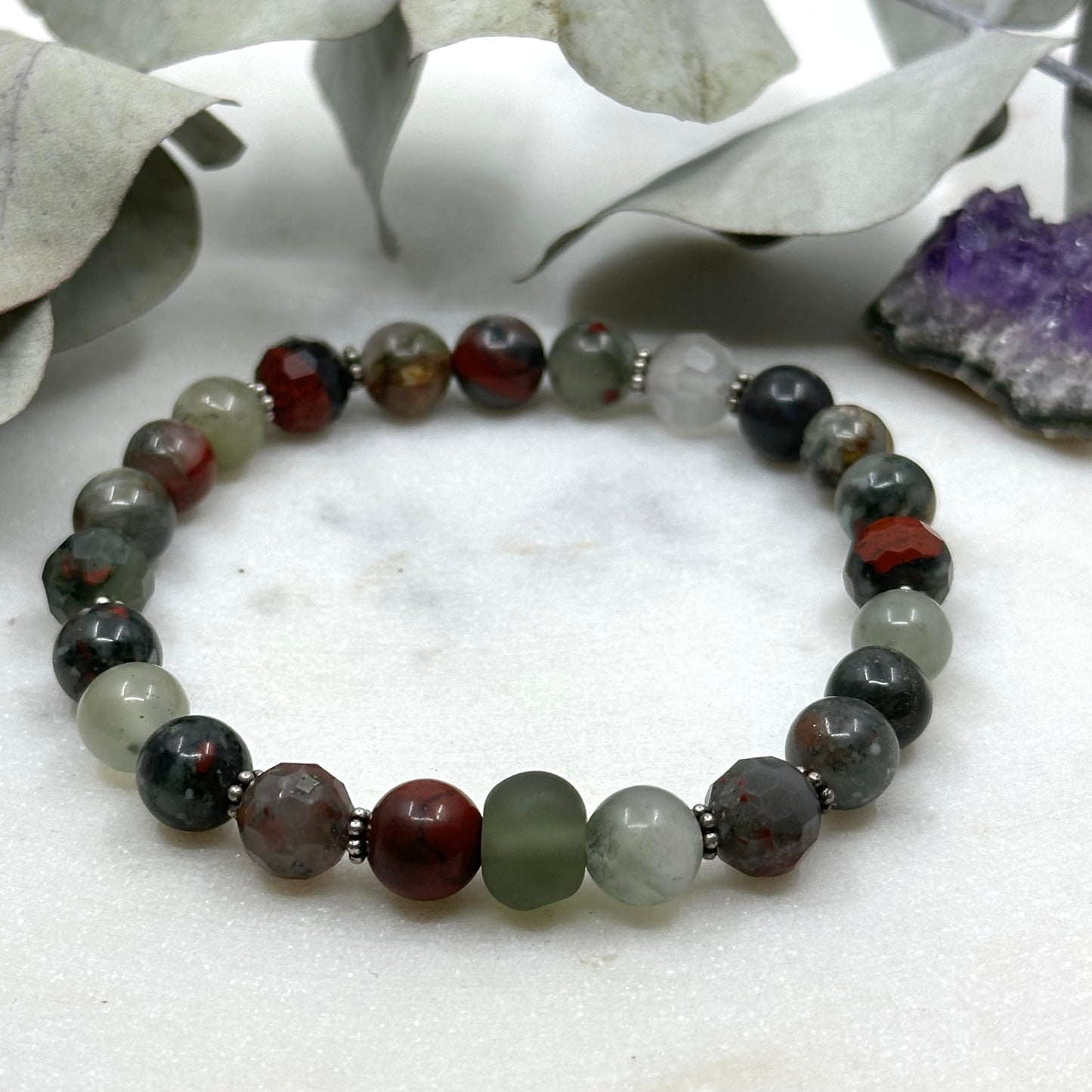 African Bloodstone and Sterling Silver Stretch Bracelet - Root Chakra