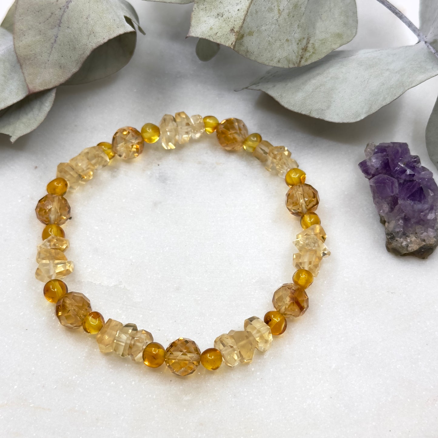 Genuine Amber and High Grade Citrine Stretch Bracelet - Solar Plexus Chakra