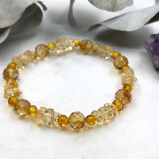 Genuine Amber and High Grade Citrine Stretch Bracelet - Solar Plexus Chakra