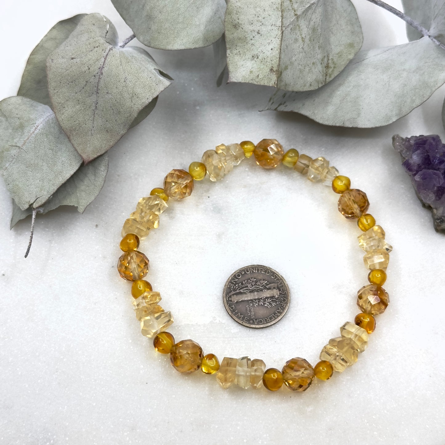 Genuine Amber and High Grade Citrine Stretch Bracelet - Solar Plexus Chakra