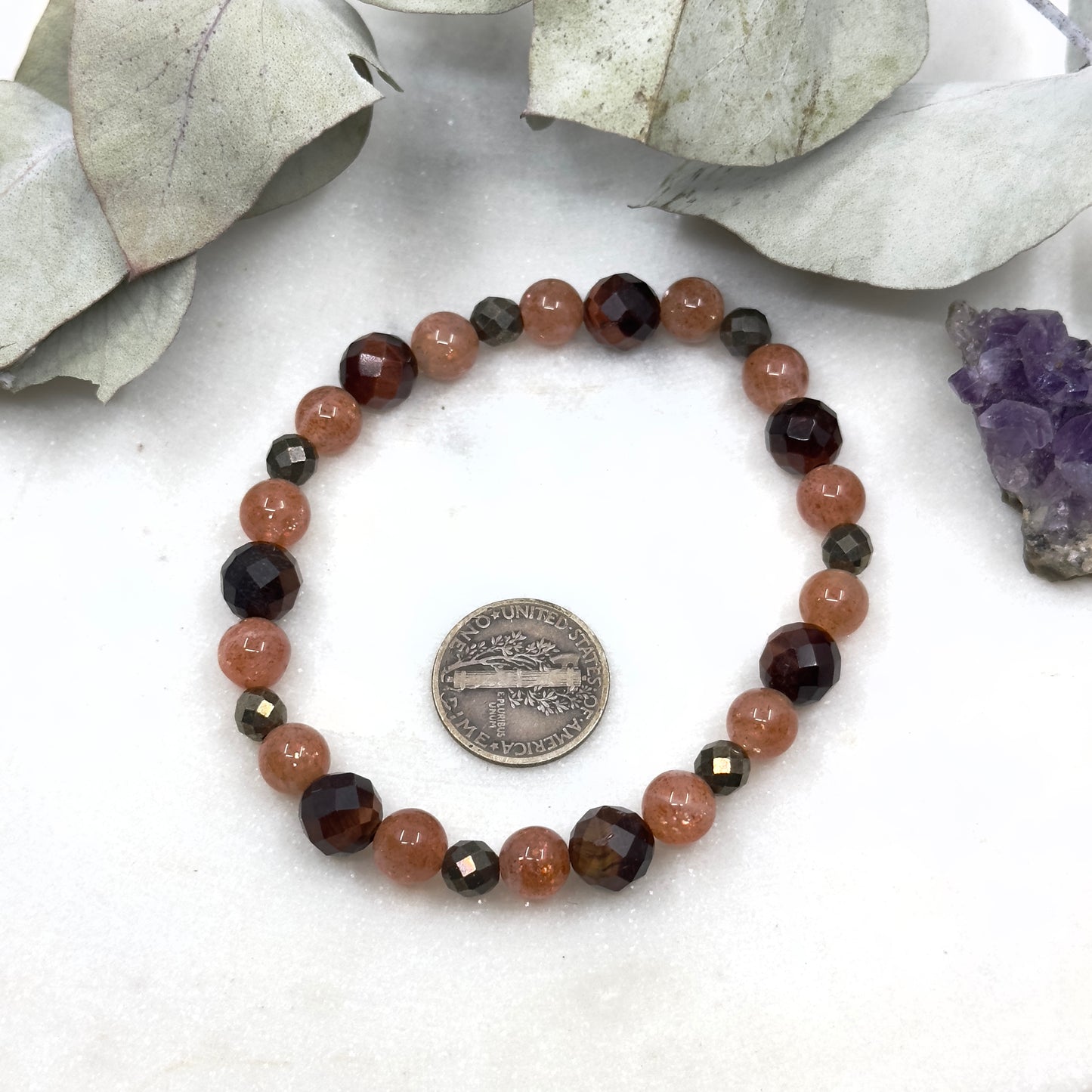 Red Tiger Eye, Sunstone, and Dark Pyrite Stretch Bracelet - Solar Plexus Chakra