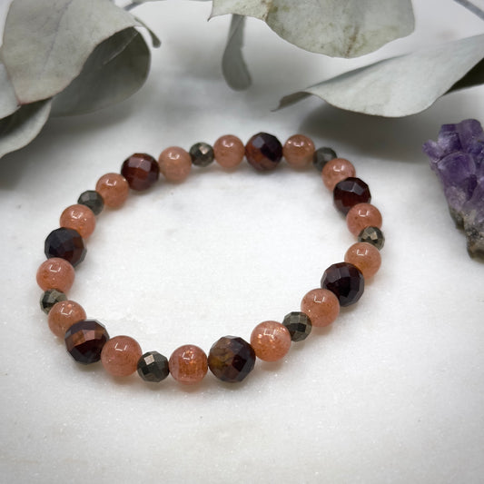 Red Tiger Eye, Sunstone, and Dark Pyrite Stretch Bracelet - Solar Plexus Chakra