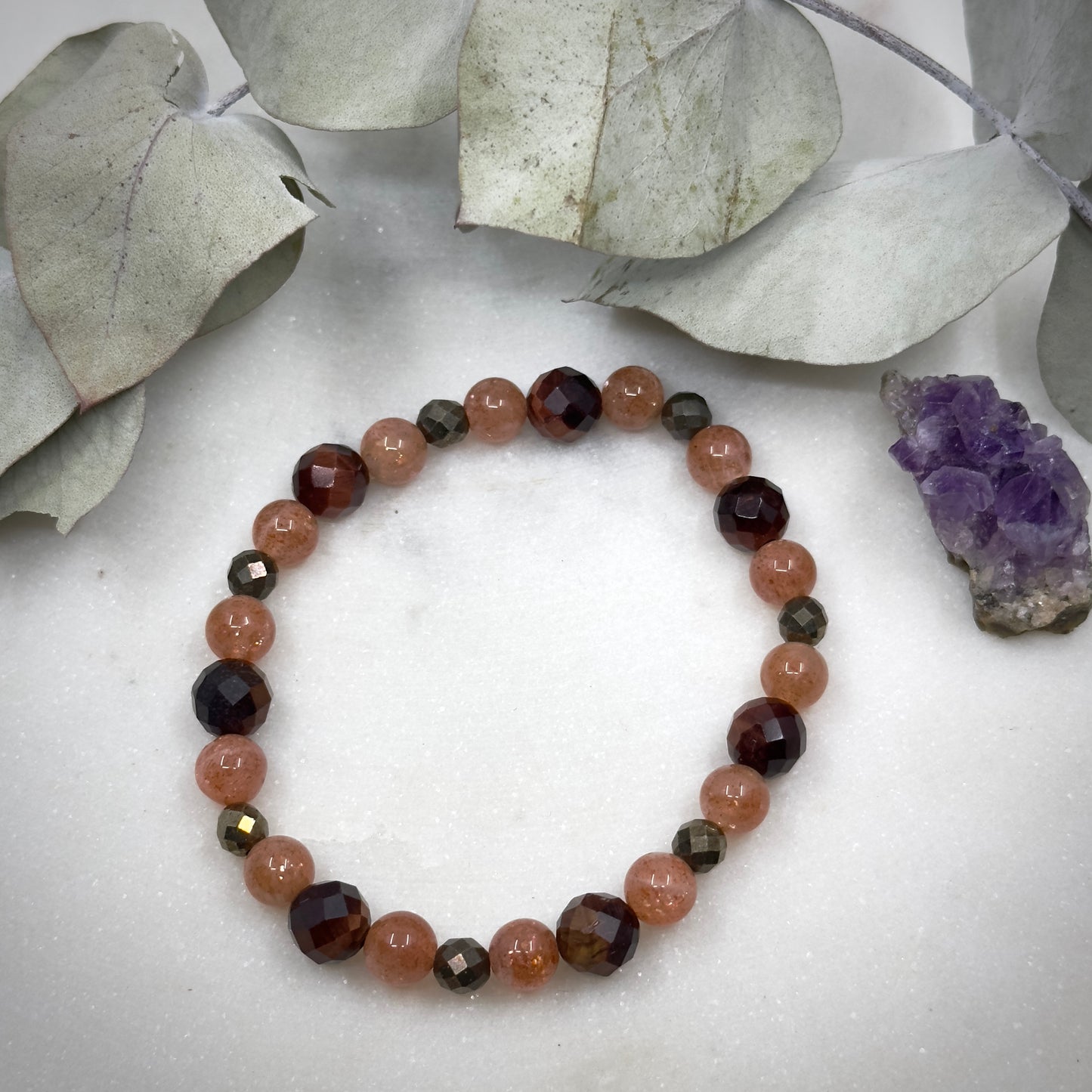 Red Tiger Eye, Sunstone, and Dark Pyrite Stretch Bracelet - Solar Plexus Chakra