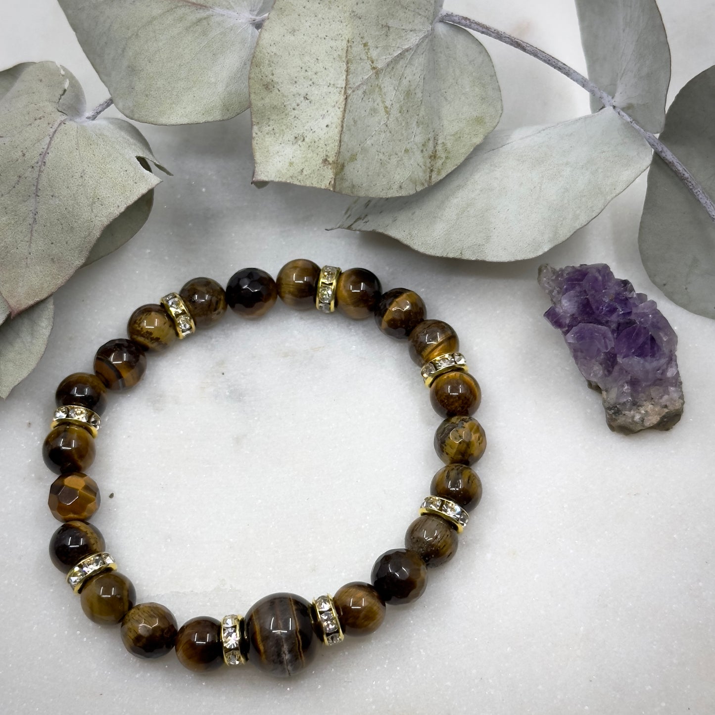 Tiger Eye and Gold Alloy Rhinestone Beads Stretch Bracelet - Solar Plexus Chakra