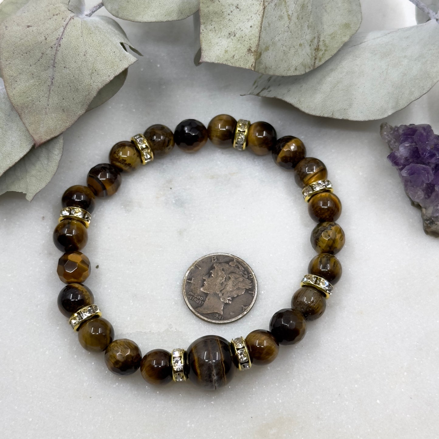 Tiger Eye and Gold Alloy Rhinestone Beads Stretch Bracelet - Solar Plexus Chakra