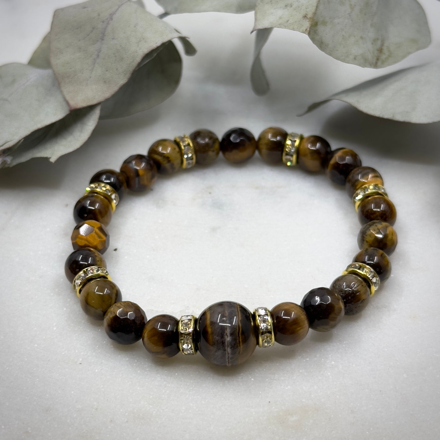 Tiger Eye and Gold Alloy Rhinestone Beads Stretch Bracelet - Solar Plexus Chakra