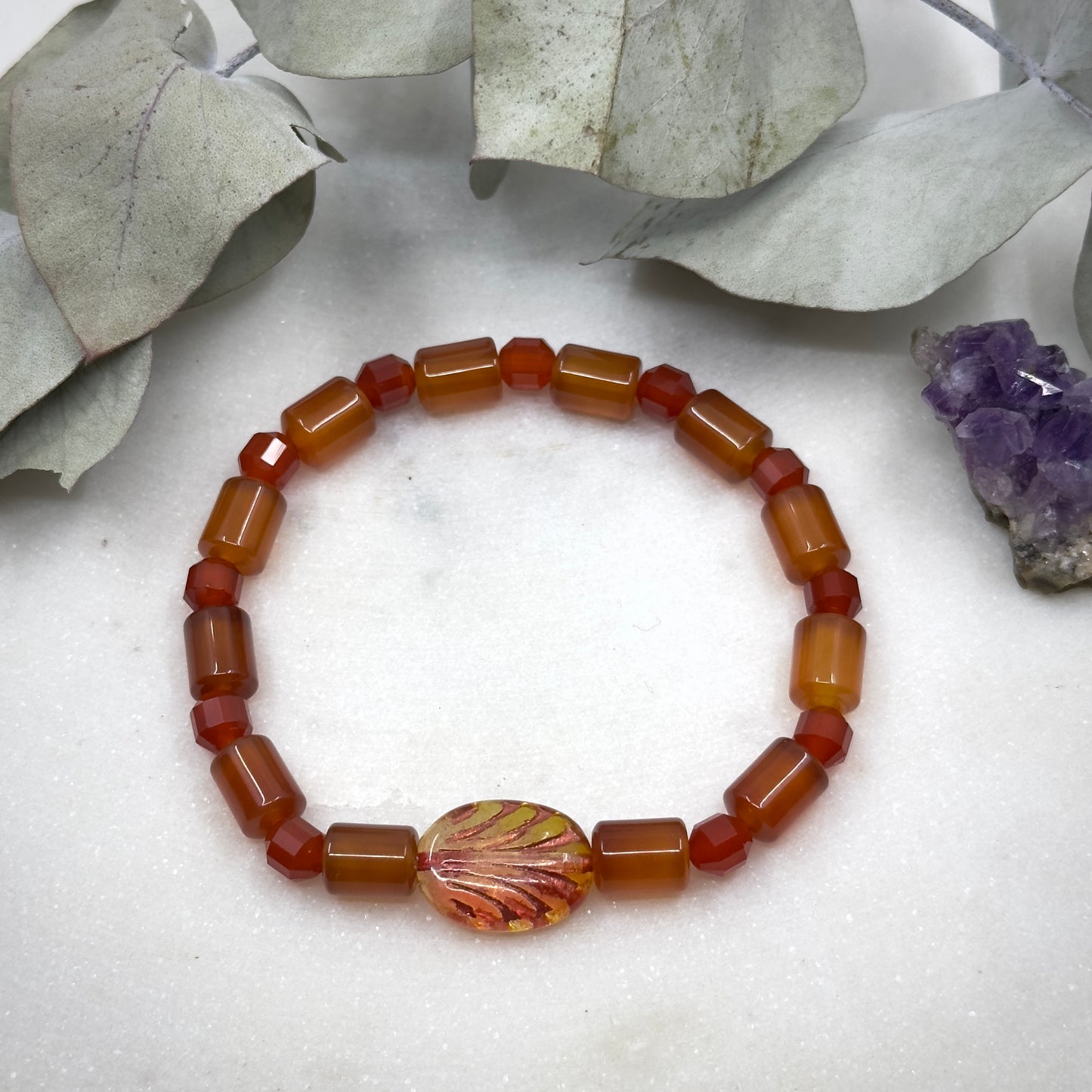 Carnelian and Czech Glass Stretch Bracelet - Sacral Chakra