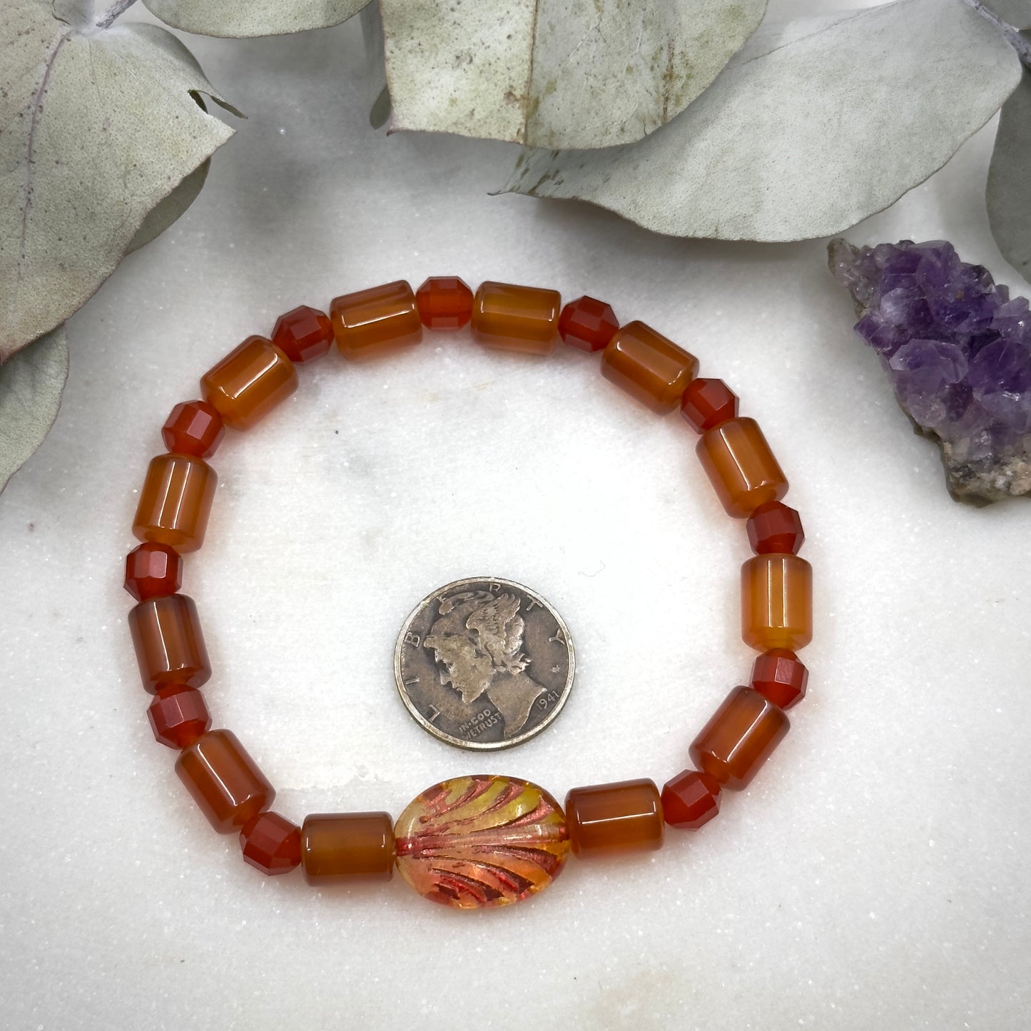 Carnelian and Czech Glass Stretch Bracelet - Sacral Chakra