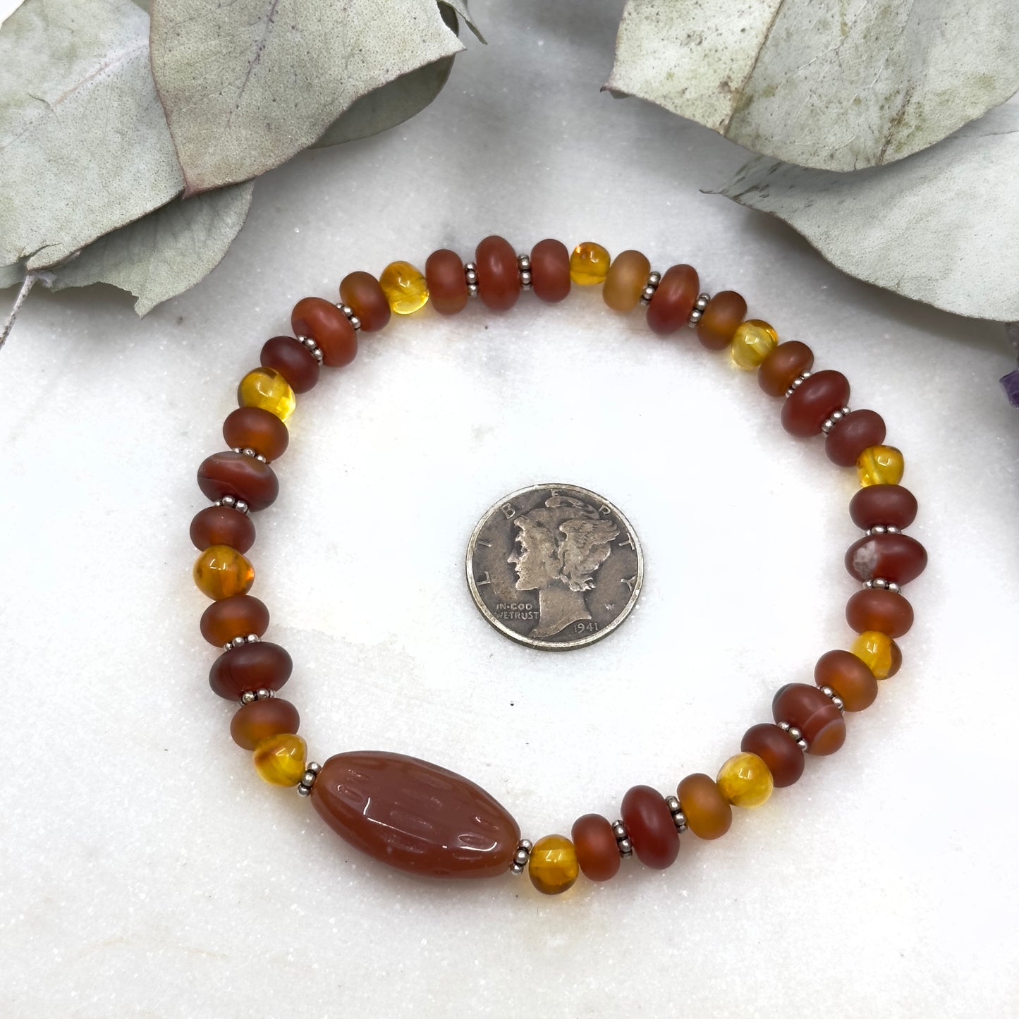 Genuine Amber, Carnelian, and Sterling Silver Stretch Bracelet - Sacral Chakra