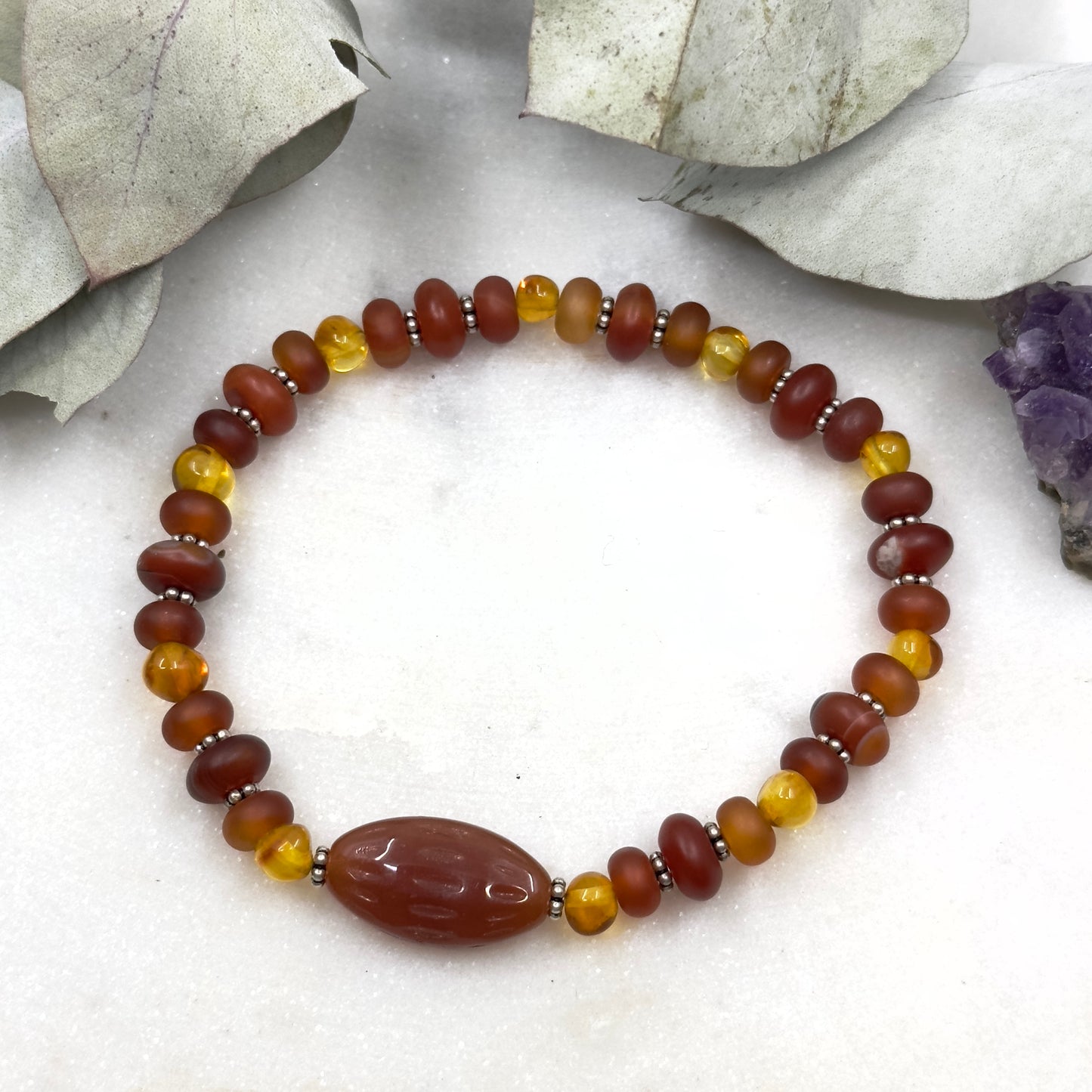 Genuine Amber, Carnelian, and Sterling Silver Stretch Bracelet - Sacral Chakra