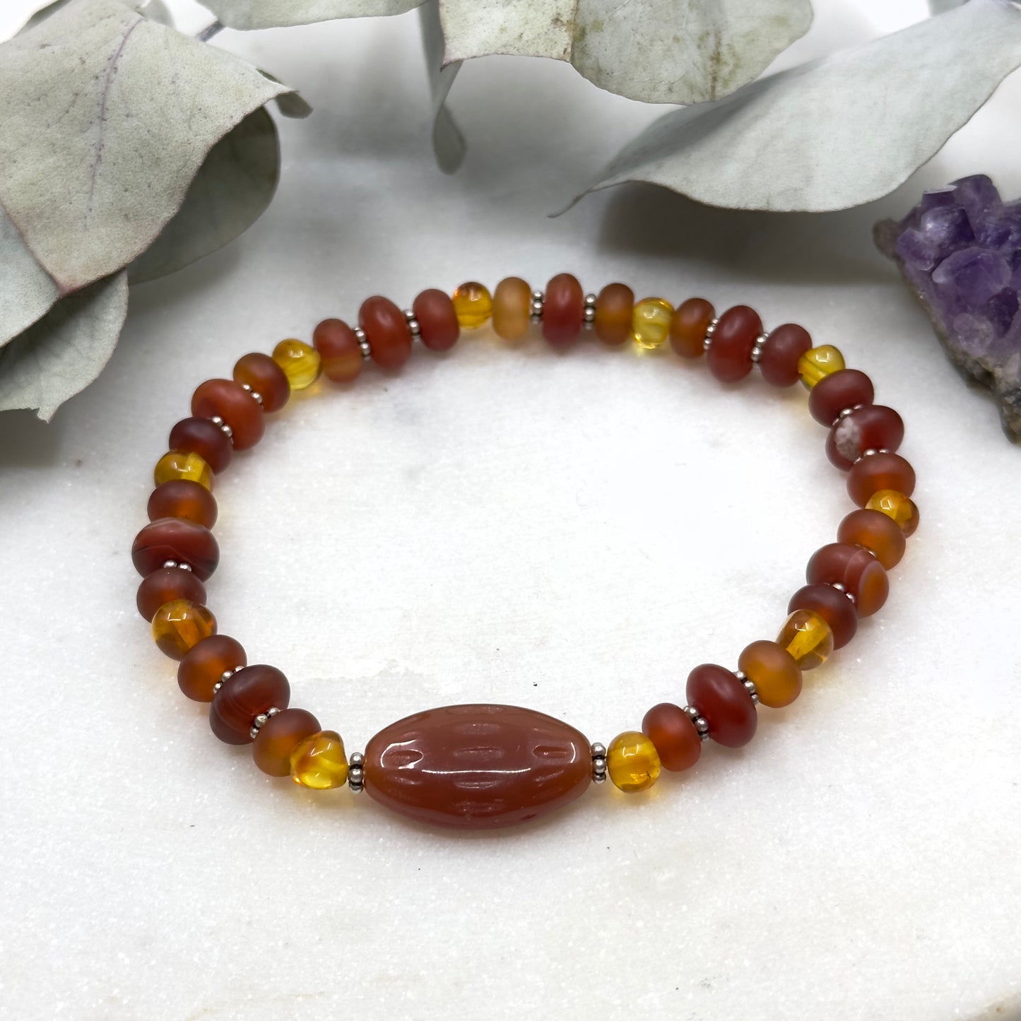 Genuine Amber, Carnelian, and Sterling Silver Stretch Bracelet - Sacral Chakra