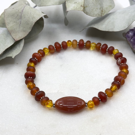 Genuine Amber, Carnelian, and Sterling Silver Stretch Bracelet - Sacral Chakra