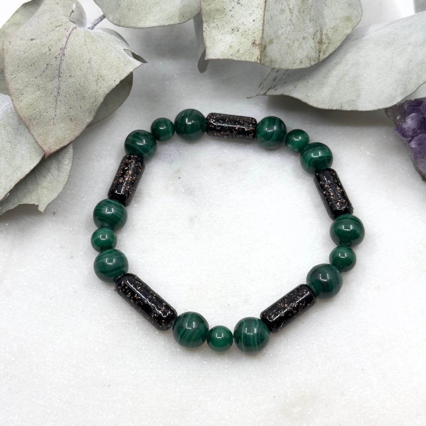 Vintage Japanese Glass and Malachite Stretch Bracelet - Heart Chakra