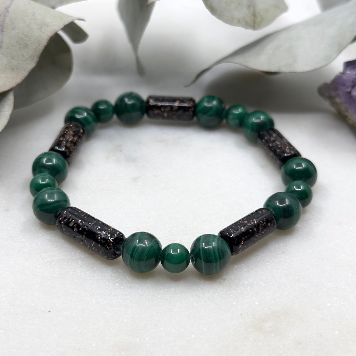 Vintage Japanese Glass and Malachite Stretch Bracelet - Heart Chakra