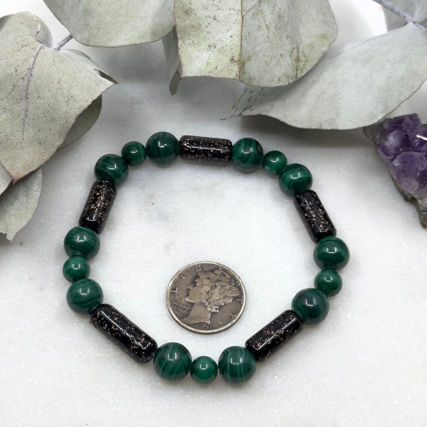 Vintage Japanese Glass and Malachite Stretch Bracelet - Heart Chakra