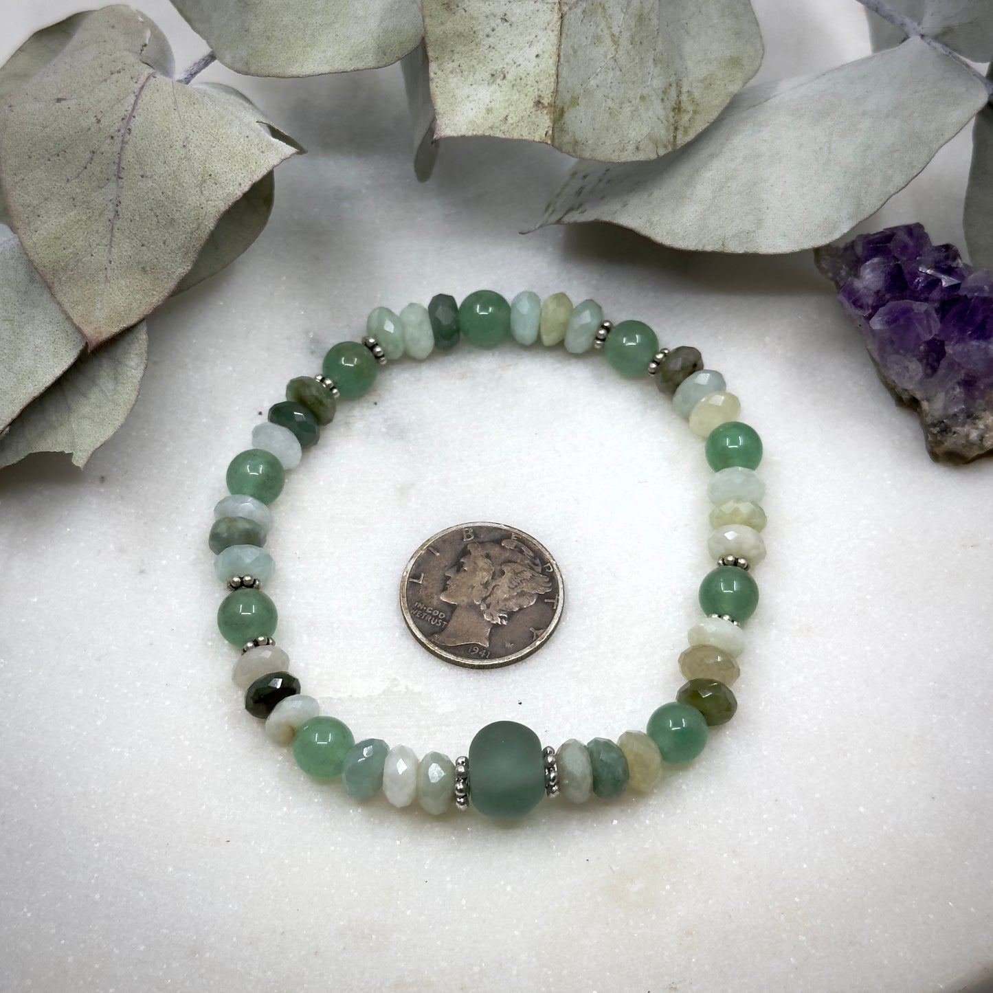 Burmese Jade, Sterling Silver, Aventurine, and Artisan Glass Stretch Bracelet - Heart Chakra