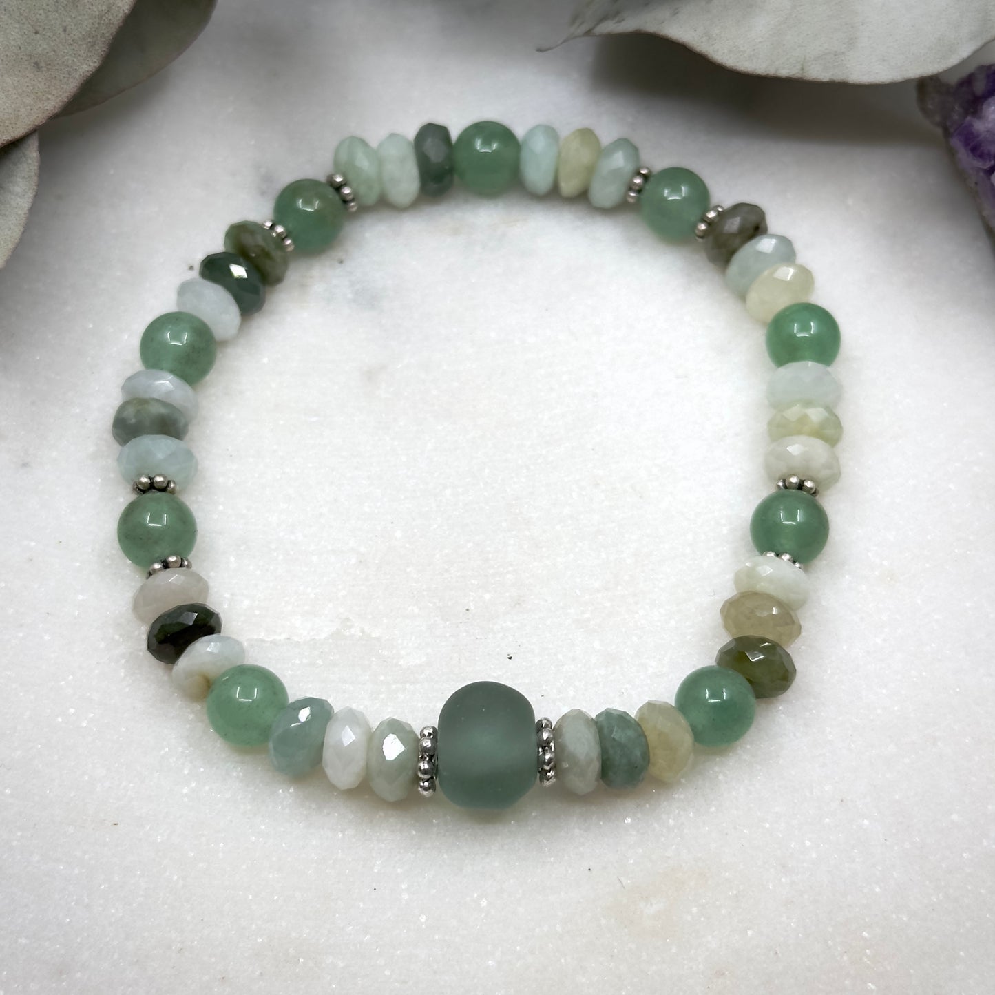 Burmese Jade, Sterling Silver, Aventurine, and Artisan Glass Stretch Bracelet - Heart Chakra