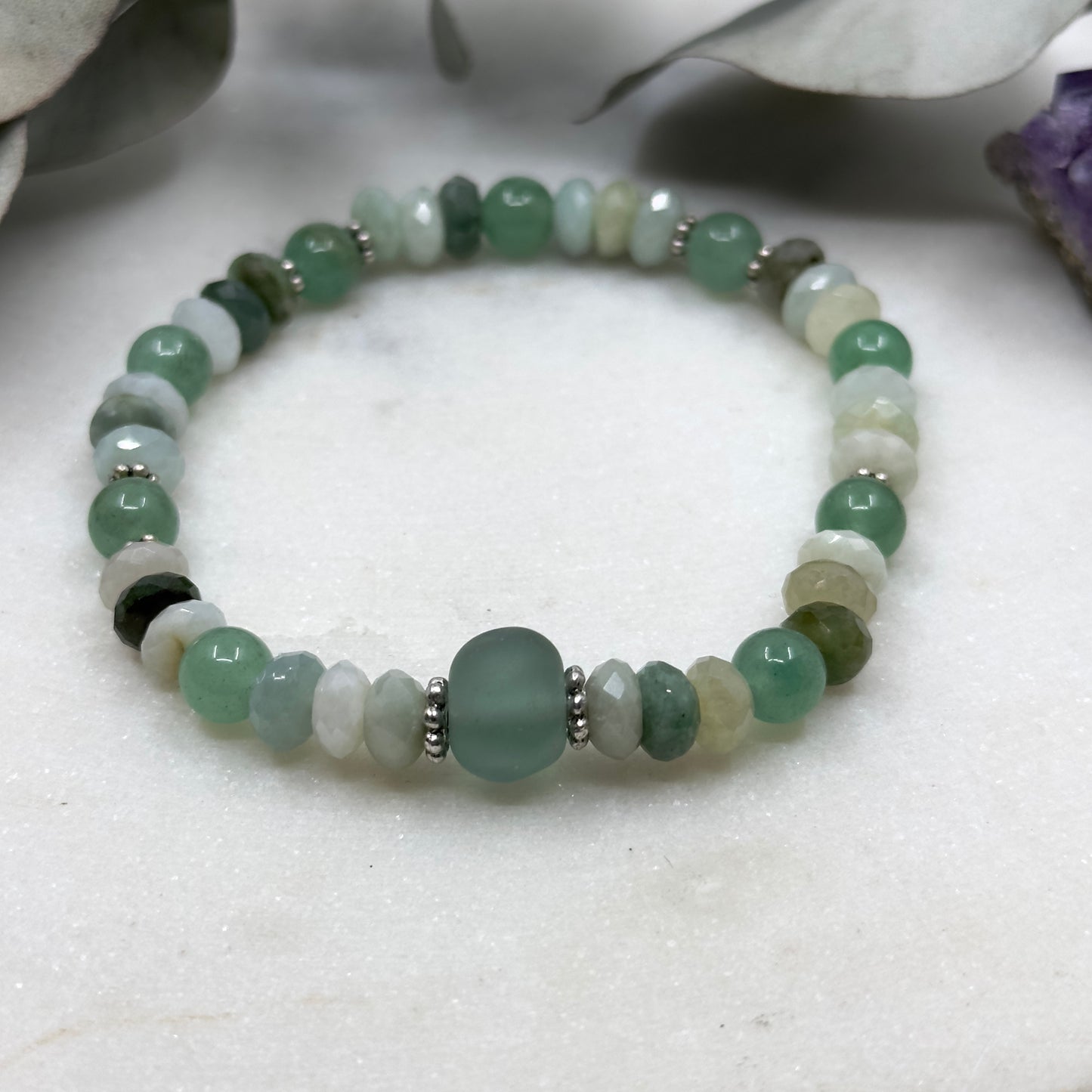 Burmese Jade, Sterling Silver, Aventurine, and Artisan Glass Stretch Bracelet - Heart Chakra