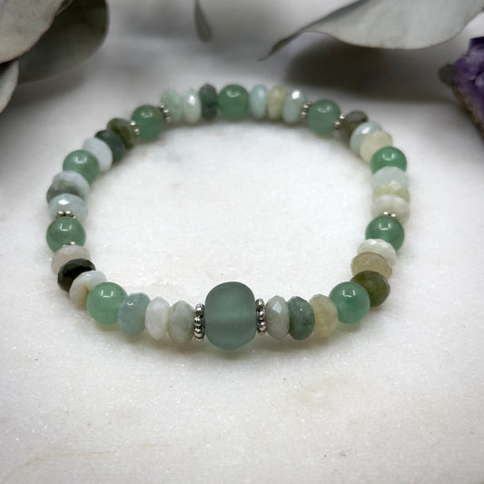 Burmese Jade, Sterling Silver, Aventurine, and Artisan Glass Stretch Bracelet - Heart Chakra