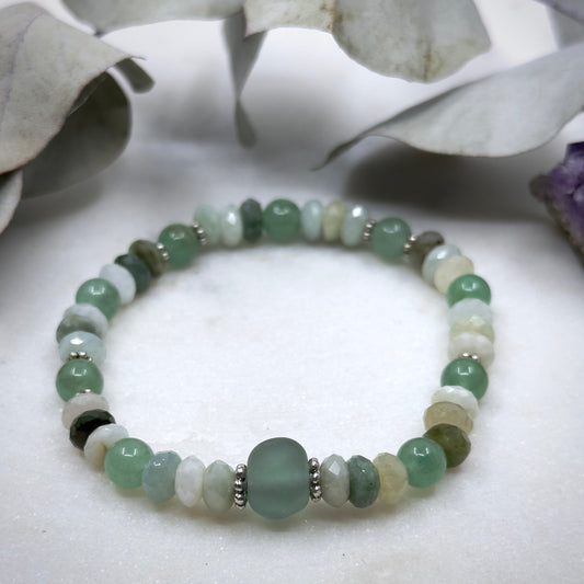Burmese Jade, Sterling Silver, Aventurine, and Artisan Glass Stretch Bracelet - Heart Chakra