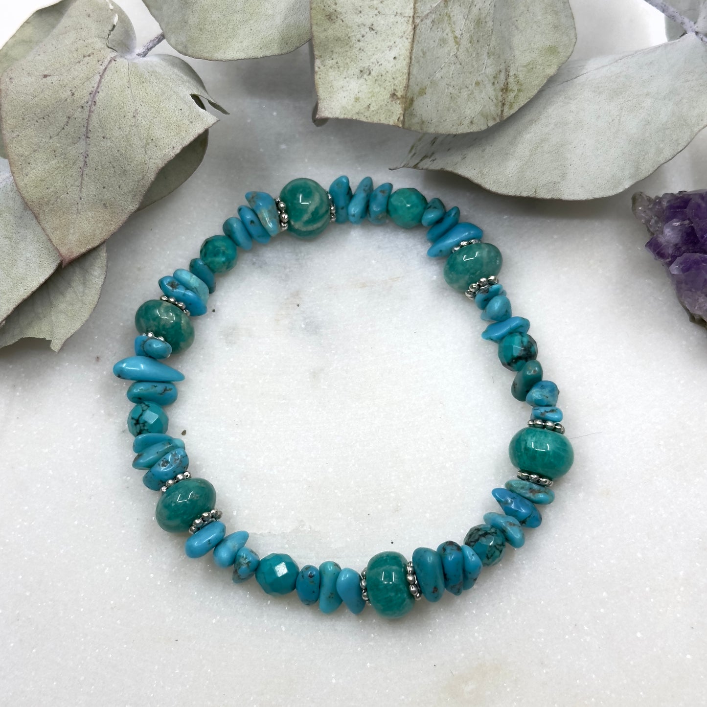 Genuine Turquoise, Sterling Silver, and Russian Amazonite Stretch Bracelet - Throat Chakra