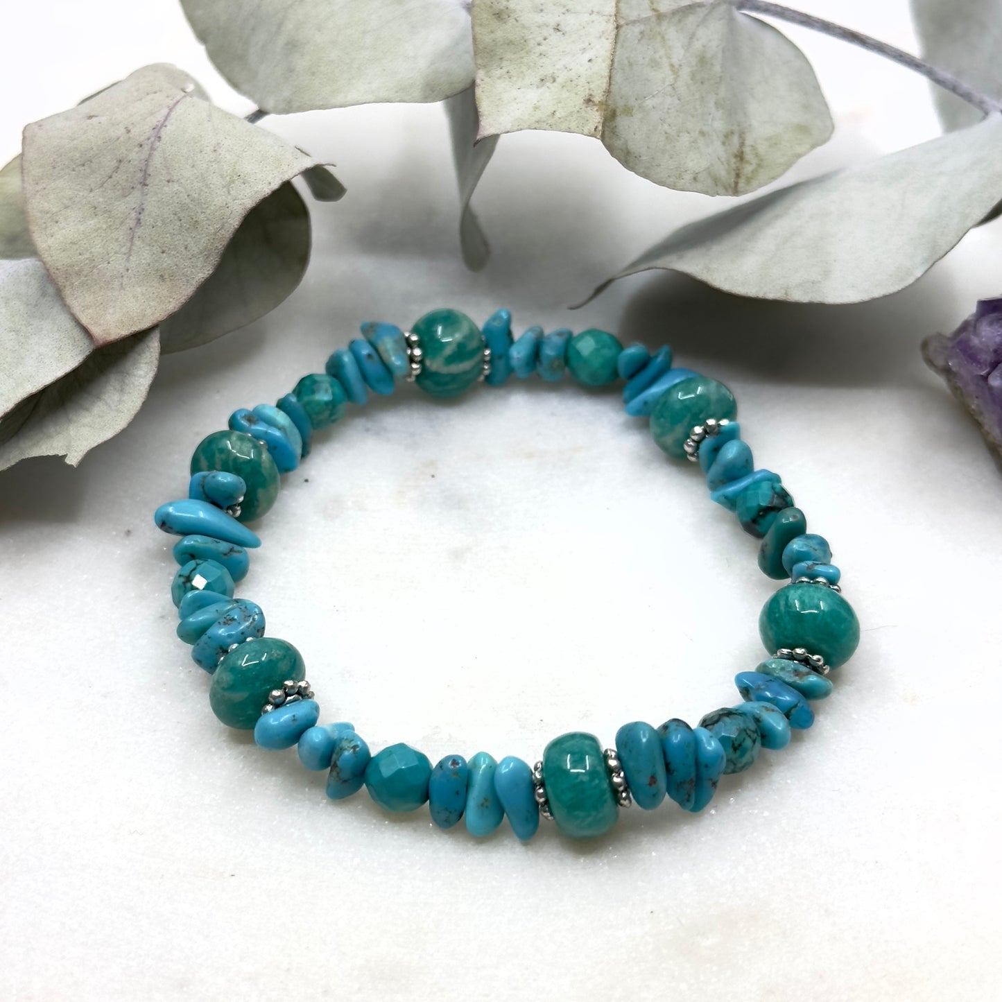 Genuine Turquoise, Sterling Silver, and Russian Amazonite Stretch Bracelet - Throat Chakra