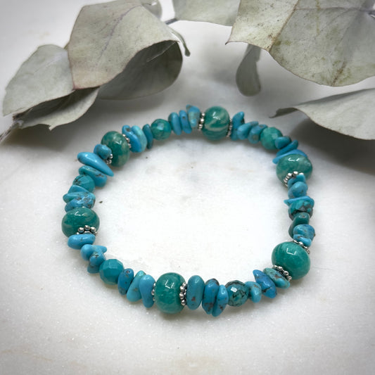 Genuine Turquoise, Sterling Silver, and Russian Amazonite Stretch Bracelet - Throat Chakra