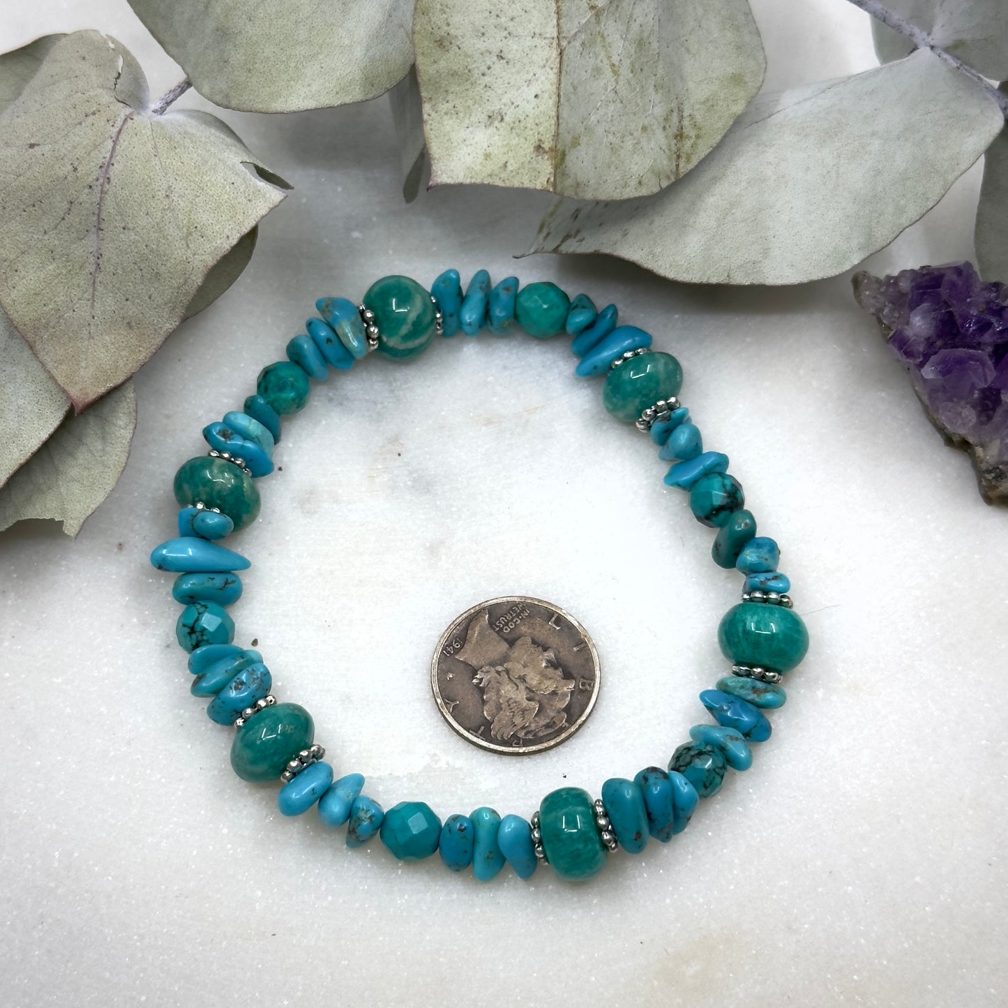 Genuine Turquoise, Sterling Silver, and Russian Amazonite Stretch Bracelet - Throat Chakra