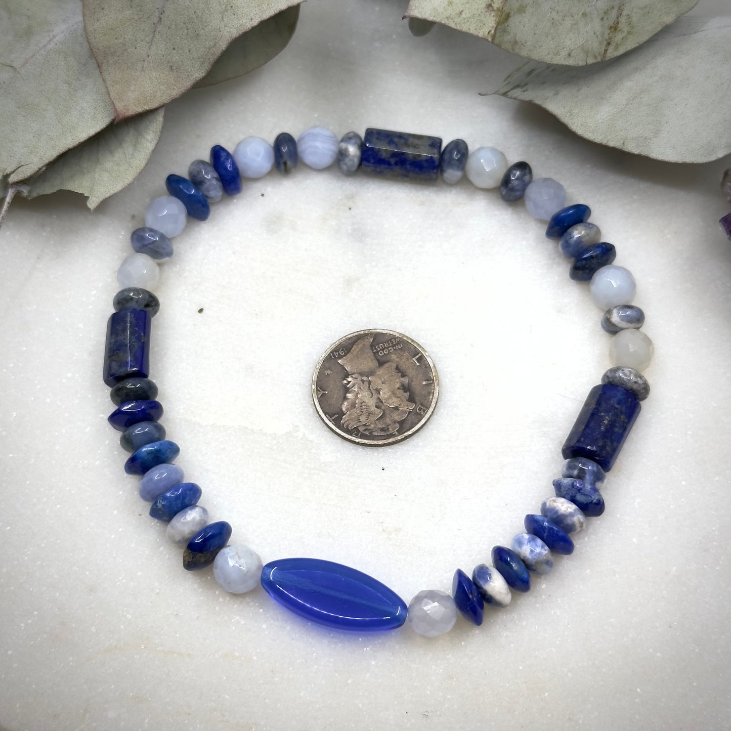 Blue Dreams, Lapis, Sodalite, Czech Glass, and Blue Lace Agate Stretch Bracelet - Throat Chakra